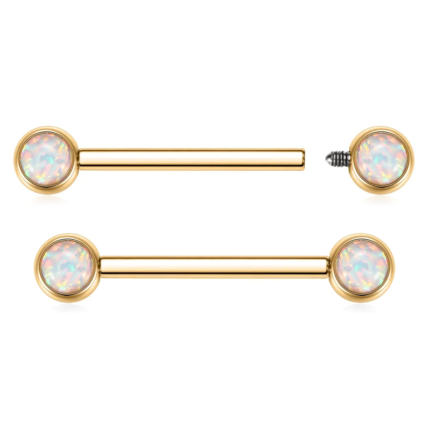 AROWRO Titanium Nipple Barbells Nipple Rings Straight Nipple Piercings 14G Internally Threaded Nipple Jewelry 14mm White Opal Nipple Piercing Jewelry Gold Nipple Titanium Jewelry