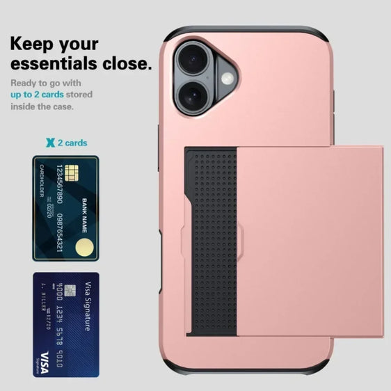 For iPhone 16E 15 Pro Max 14 Plus 13 12 11 Wallet Cover Credit Card Holder Slot Sliding Pocket Dual Layer Protective Phone Case