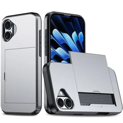 For iPhone 16E 15 Pro Max 14 Plus 13 12 11 Wallet Cover Credit Card Holder Slot Sliding Pocket Dual Layer Protective Phone Case