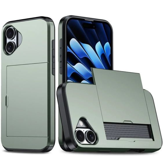 For iPhone 16E 15 Pro Max 14 Plus 13 12 11 Wallet Cover Credit Card Holder Slot Sliding Pocket Dual Layer Protective Phone Case