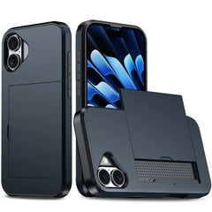 For iPhone 16E 15 Pro Max 14 Plus 13 12 11 Wallet Cover Credit Card Holder Slot Sliding Pocket Dual Layer Protective Phone Case