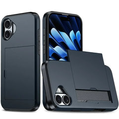 For iPhone 16E 15 Pro Max 14 Plus 13 12 11 Wallet Cover Credit Card Holder Slot Sliding Pocket Dual Layer Protective Phone Case