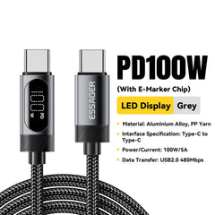 Essager Digital Dispaly USB C Cable For iPhone 17 16 15 Xiaomi Huawei 100W PD Fast Charging For Macbook iPad Type C to C Cable
