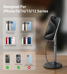 Magnetic Desk Phone Stand for iPhone16 15 14 13/12 - Phone Holder Dock with 360°Rotation, Height&Tilt Adjustable for Office/Home