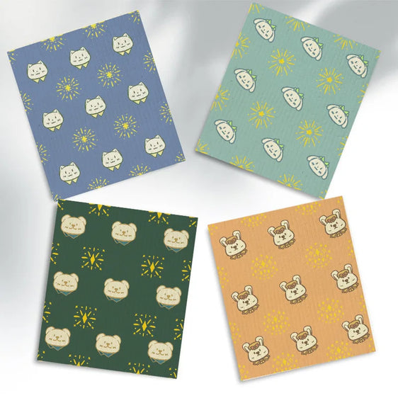 Cute Animals Swedish Dishcloths for Kitchen 4 Pack Watercolor Reusable Paper Towels Dish Towel Non-Scratch Cellulose Napkin