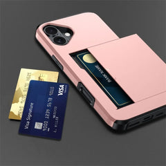 For iPhone 16E 15 Pro Max 14 Plus 13 12 11 Wallet Cover Credit Card Holder Slot Sliding Pocket Dual Layer Protective Phone Case