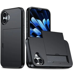 For iPhone 16E 15 Pro Max 14 Plus 13 12 11 Wallet Cover Credit Card Holder Slot Sliding Pocket Dual Layer Protective Phone Case