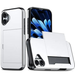 For iPhone 16E 15 Pro Max 14 Plus 13 12 11 Wallet Cover Credit Card Holder Slot Sliding Pocket Dual Layer Protective Phone Case